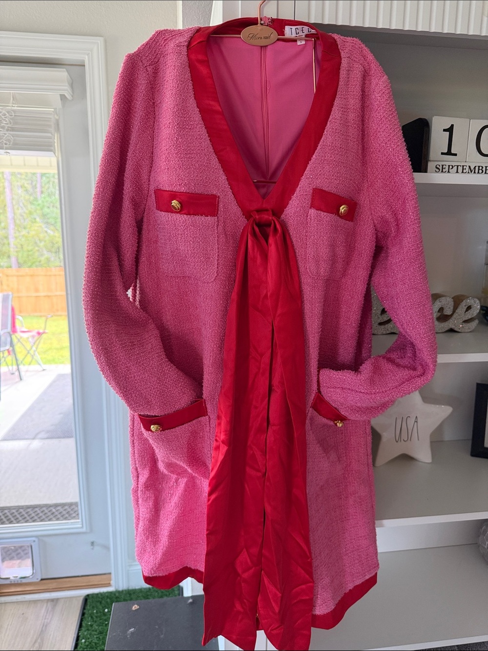 Pink Bouclé Tie-Front Blazer Dress with Red Satin Trim
